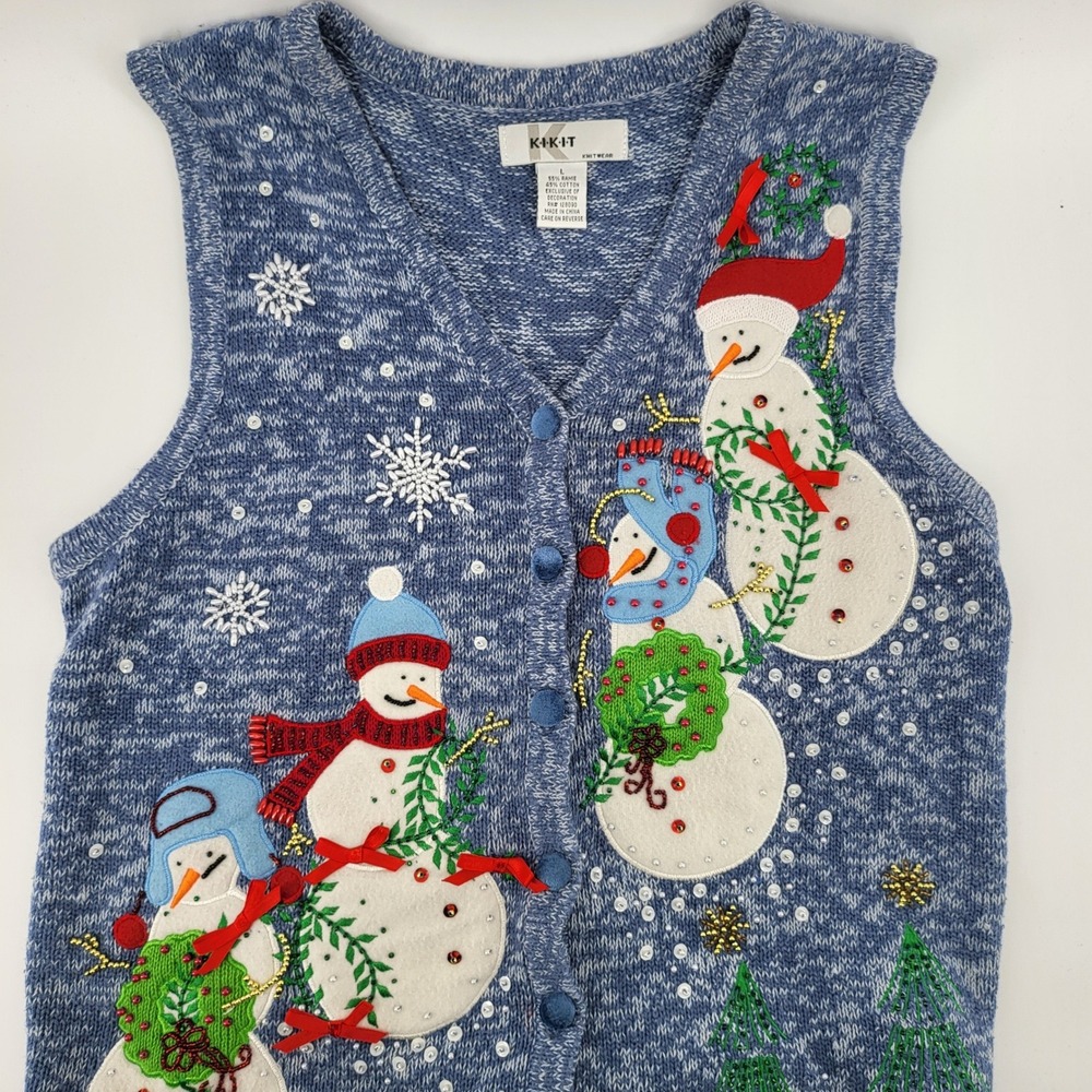 KIKIT Womens‎ Blue Snowman Christmas Vest Sweater Large VNeck Sequin Trees